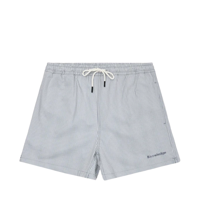 Mid-Thigh Stripe Seersucker Swimshorts - Blue stripe