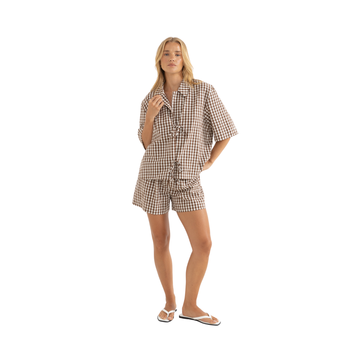 Birdie Gingham Tie Front Top - Brown