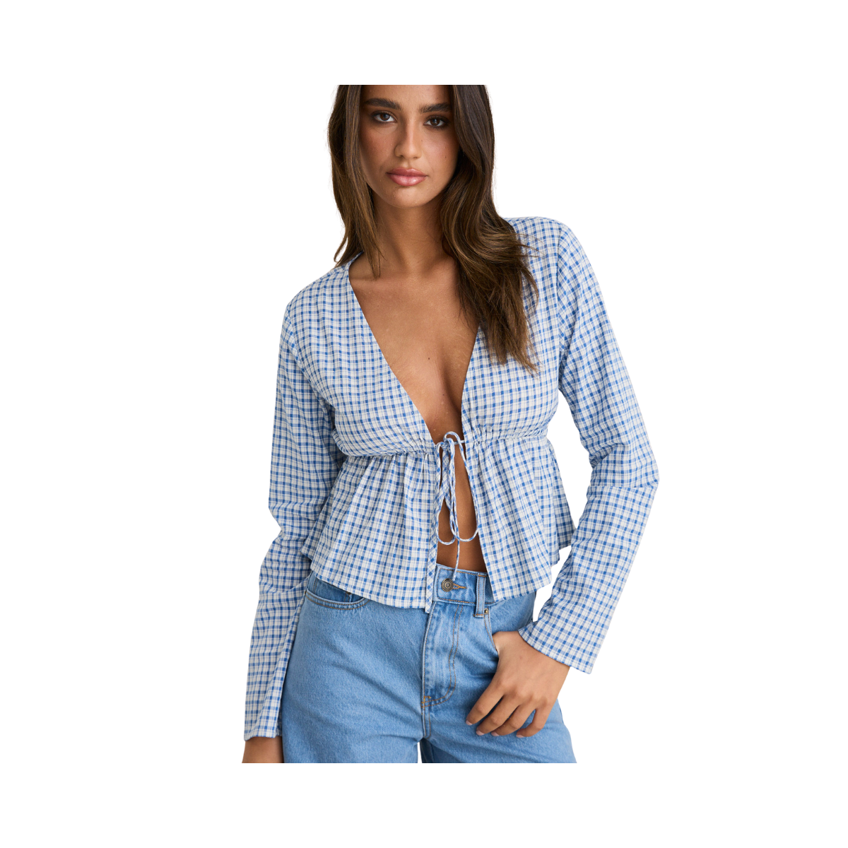 Lola Check Tie Front LS Top - Blue