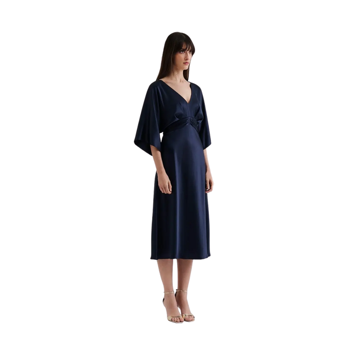 Juno V-Neck Satin Midi Dress - Dark Blue