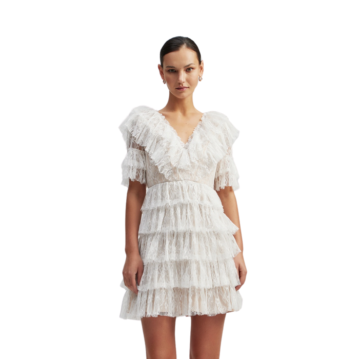 Sky v-neck frill mini lace dress - White