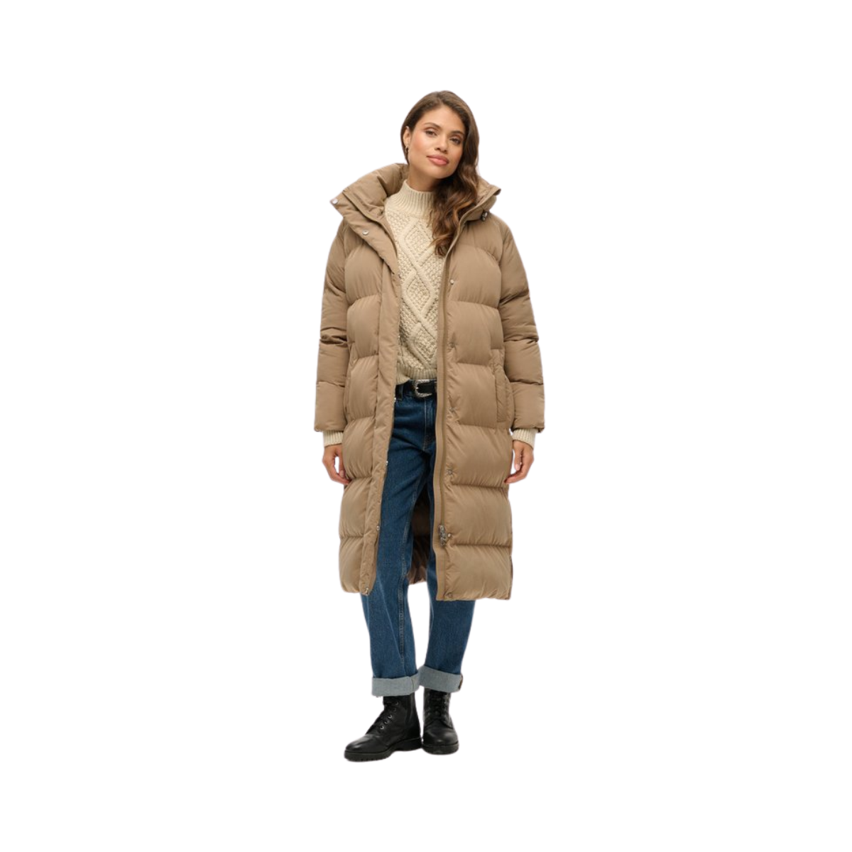 Longline Hooded Puffer Jacket - 8KO Fossil Brown