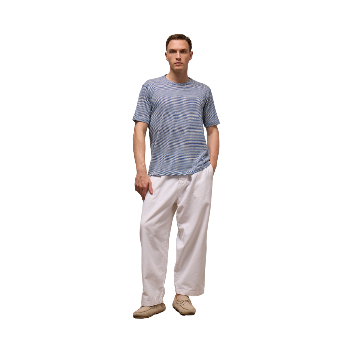 T-Shirt Giro Rigata Lino Cotone - Avio