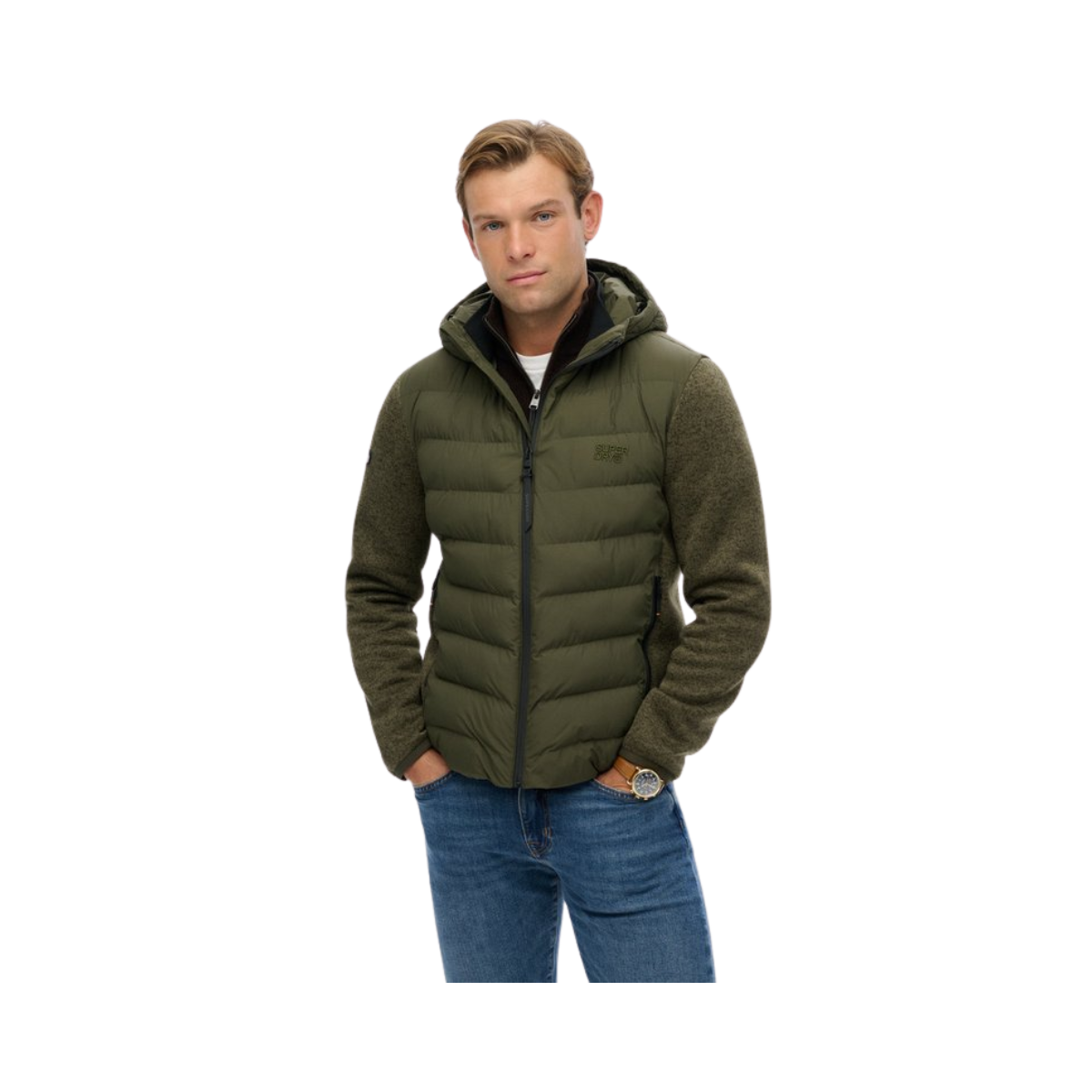Hooded Storm Knit Hybrid Jacket - B9X Khaki Green Marl