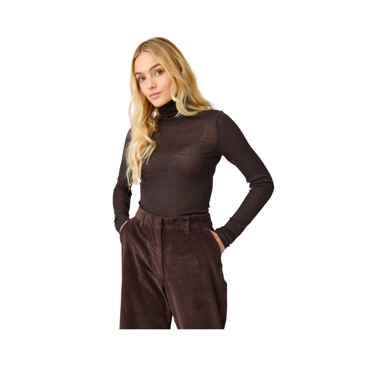 Merino Rib Long Sleeve Roll-Neck - Chocolate Torte