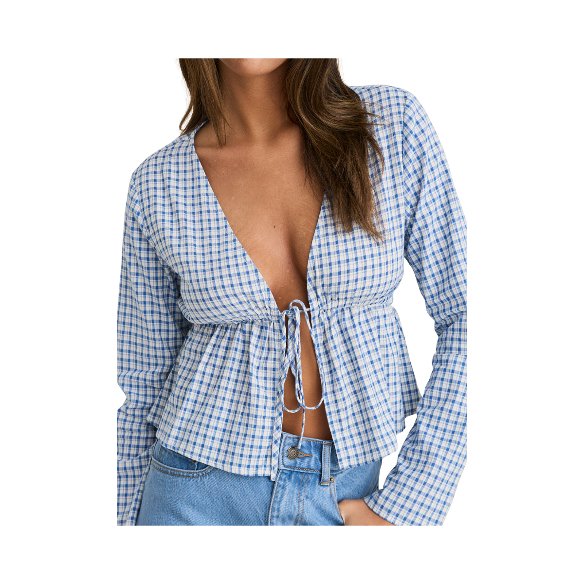 Lola Check Tie Front LS Top - Blue