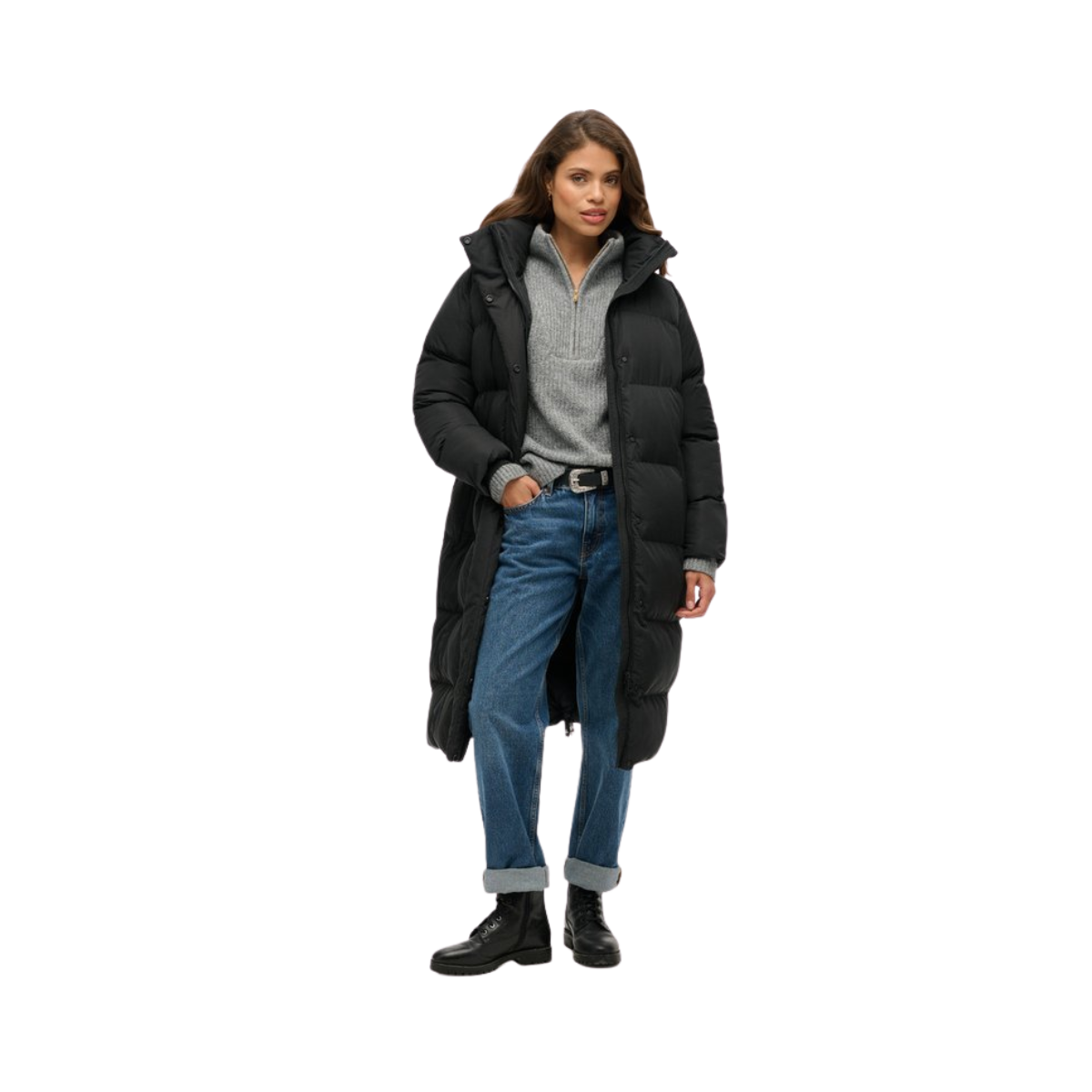 Longline Hooded Puffer Jacket - Black