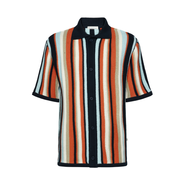 Loose Short Sleeve Striped Knitted Shirt - Navy