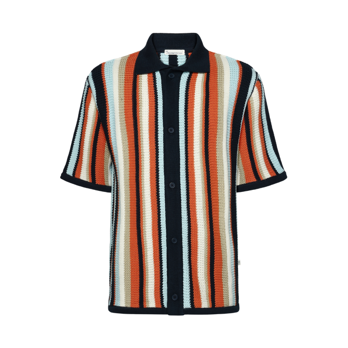 Loose Short Sleeve Striped Knitted Shirt - Navy