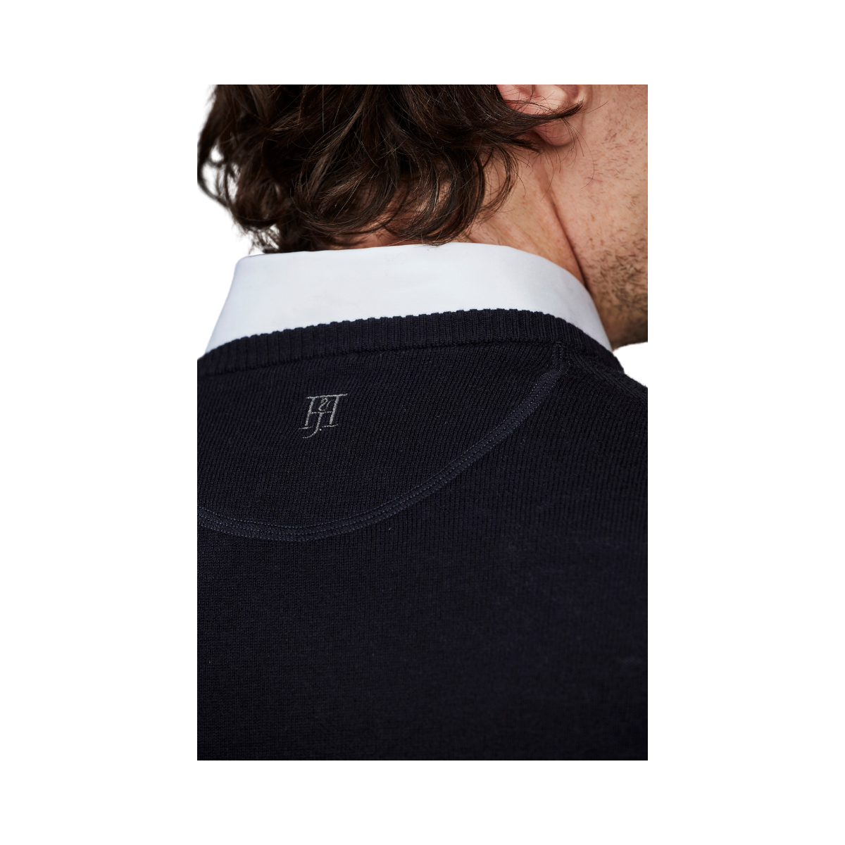 CREW NECK SWEATER, ELBOW PATCH - Navy