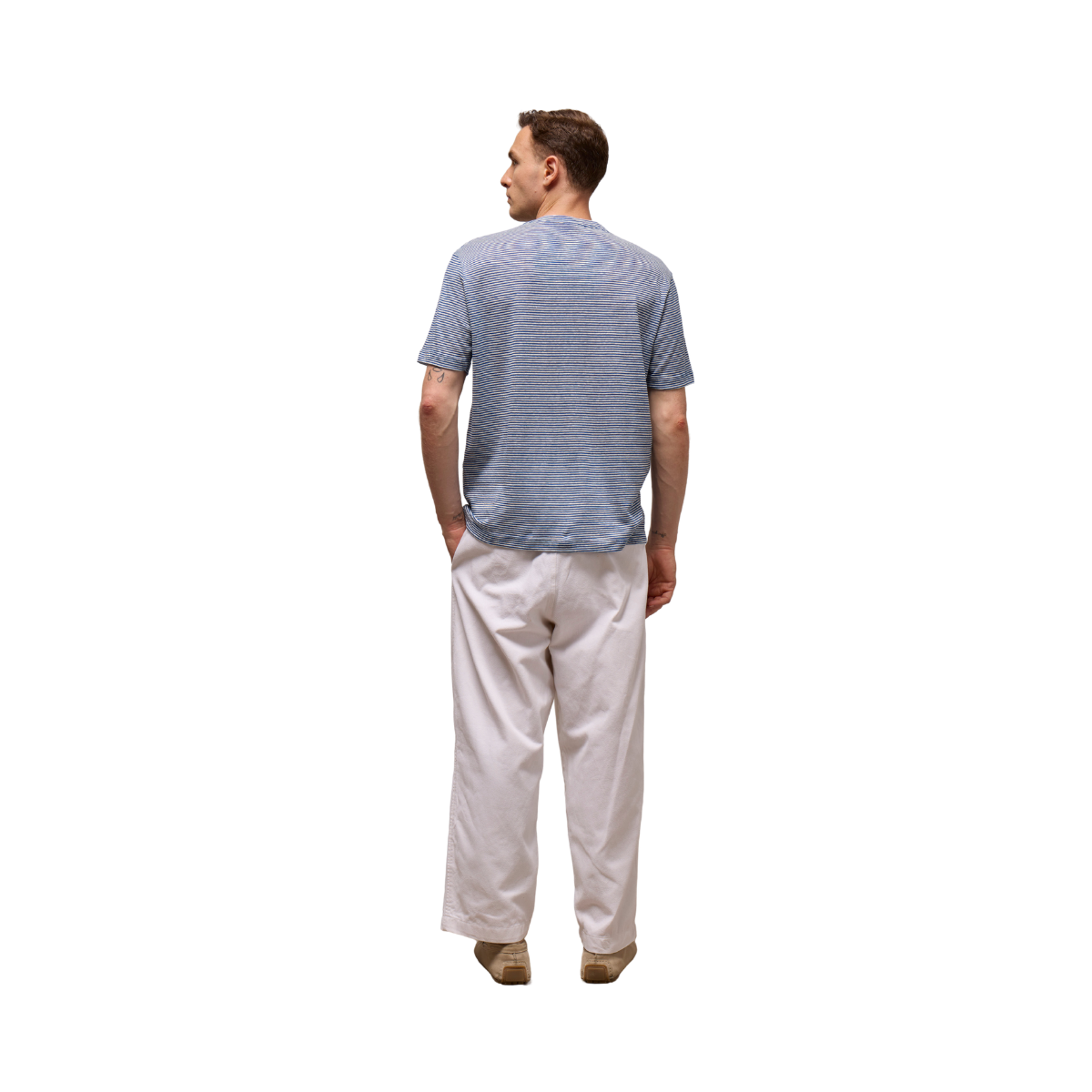 T-Shirt Giro Rigata Lino Cotone - Avio