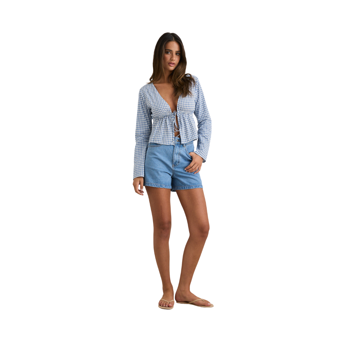 Lola Check Tie Front LS Top - Blue