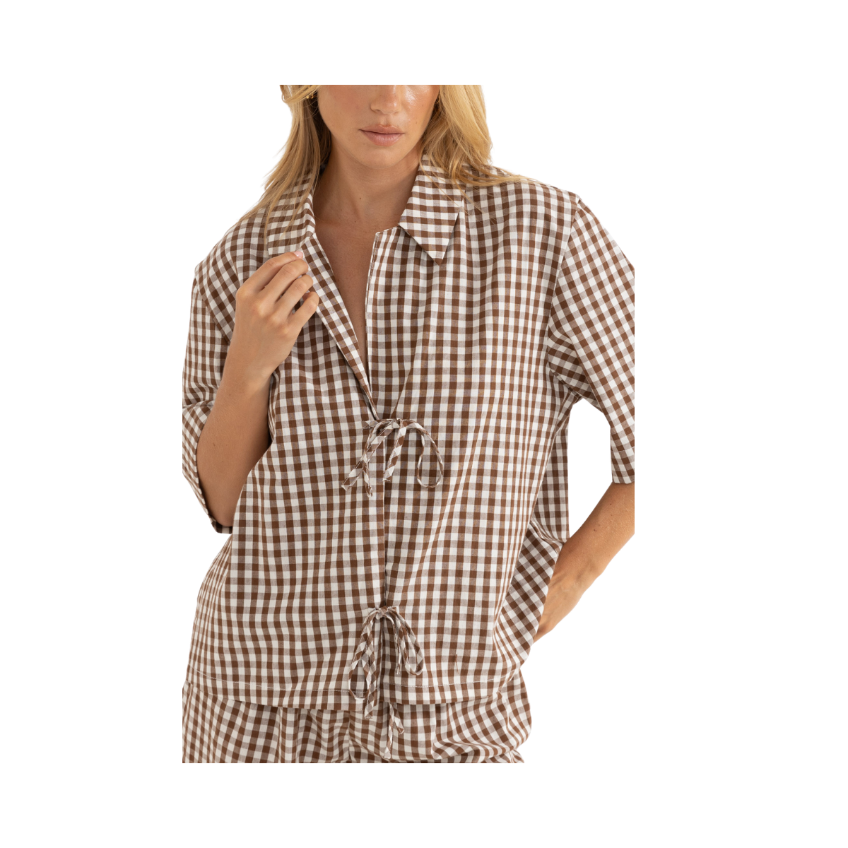 Birdie Gingham Tie Front Top - Brown