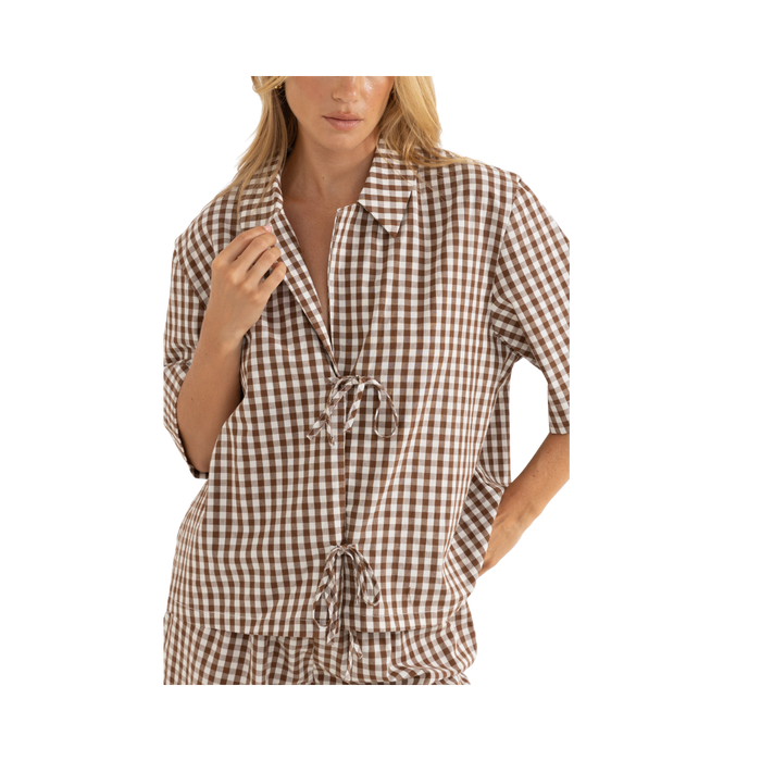 Birdie Gingham Tie Front Top - Brown