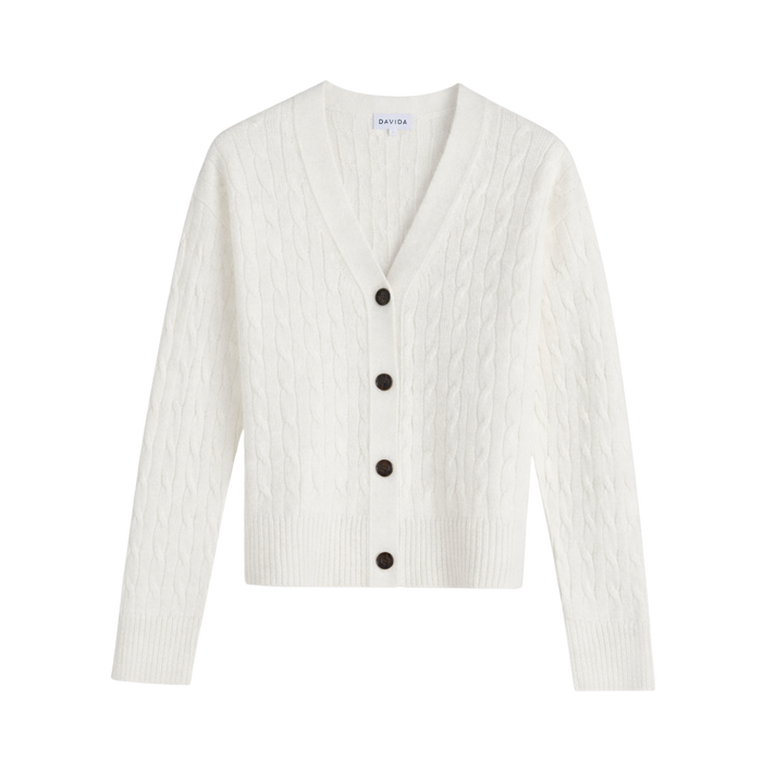 V-Neck Wide Cable Cardigan - White